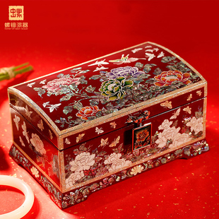 螺钿漆器首饰盒高档奢华带锁公主复古实木质手，饰品收纳盒结婚礼物