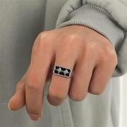 黑色滴油长方形镶钻花纹关节戒指，欧美个性夸张朋克嘻哈风食指戒指