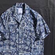 夏威夷度假风宽松半袖衬衫男士，短袖潮牌印花情侣休闲百搭天丝衬衣
