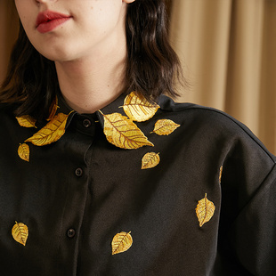 咖沫原创23金黄树叶刺绣，翻领蝙蝠长袖复古法式衬衫女秋冬季