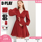 dplay秋装复古法式红色连衣裙，鎏光纱回门服小礼服订婚敬酒服红裙