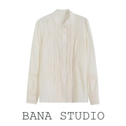 BANA外贸出口原单宽松法式OL白色立领镂空蕾丝长袖衬衣女上衣衬衫