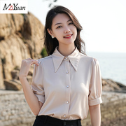 mziyuan韩版缎面短袖衬衣女，泡泡袖大尖领抗皱白色职业衬衫女