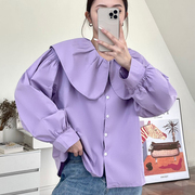 韩国东大门同款2024春季娃娃，领甜美宽松紫色长袖衬衫女上衣