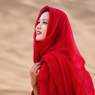 大红色拍照棉麻围巾沙漠，防晒披肩海边旅游沙滩青海茶卡盐湖纱巾女