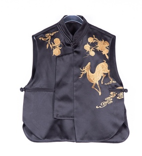 新中式立领斜襟缎纹刺绣系带国风马甲醋酸宽松黑色外套