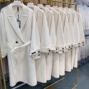 2023秋冬西装领系带白色，羊绒大衣女，中长挽袖双面呢羊绒外套厚