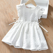 女童白色纯色棉质连衣裙夏季儿童刺绣公主裙宝宝短袖蕾丝背心裙