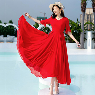 2023夏季沙滩长裙红色雪纺连衣裙女长款大摆显瘦超长裙子仙黑