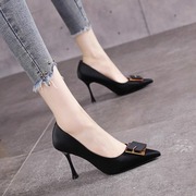 GG。法式黑色真皮鞋女尖头细跟设计感小众气质名媛御姐单鞋高级感