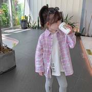 儿童韩版洋气长袖衬衫，2023秋季韩版潮女童宝宝，中长款格子衬衣