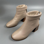 靴子女2022年春秋季单靴中跟粗跟短靴，方头女靴后拉链女士单鞋