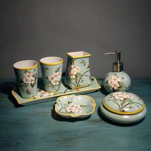 中式洗漱套装卫生间陶瓷漱口杯洗手液，瓶牙刷筒创意卫浴五件套乔迁