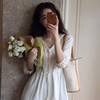 韩国chic春季法式气质V领拼接蕾丝设计收腰显瘦七分袖纯色连衣裙