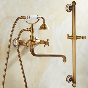 仿古淋浴龙头铜欧式淋浴喷头套装带升降杆浴室，加长浴缸水龙头套装