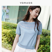vgrass蕾丝拼接针织套头衫，夏季蓝色短袖上衣vzz3o24150