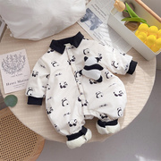 婴儿连体衣秋冬长袖加绒爬服韩版卡通熊猫，印花棉衣0-1岁宝宝哈衣