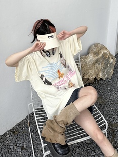 咖喱人夏季美式复古猫咪印花情侣短袖T恤男女潮牌宽松休闲