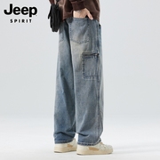 jeep吉普工装牛仔裤男士夏季直筒，美式高街复古阔腿长裤子男裤