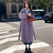 紫色双面羊绒呢大衣，2023年秋冬韩版宽松中长款系带，毛呢外套女
