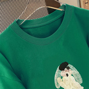 高货墨绿色中长款短袖t恤女2024春夏季纯棉设计感减龄上衣