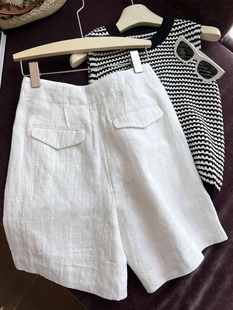 日系白色亚麻西装短裤，女夏高腰薄款小众设计感阔腿棉麻休闲五分裤