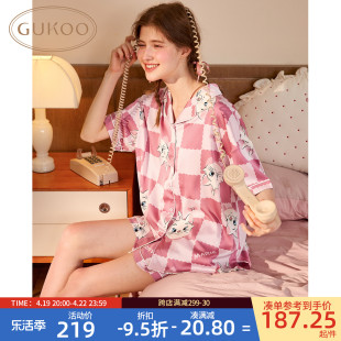 gukoo果壳睡衣女夏季玛丽猫，衬衫领缎面雪纺女士家居服套装b