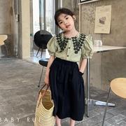拜金小姐潮童装女童夏装套装2022韩版时髦儿童夏季复古蕾丝领