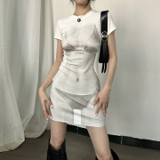 时尚小众设计3D印花圆领短袖连衣裙2024夏季辣妹气质显瘦短裙