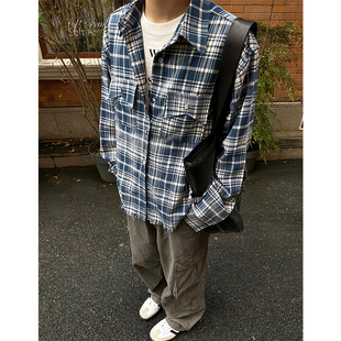 美式复古vintage蓝色格纹衬衫男cleanfit毛边格子衬衣高级感外套