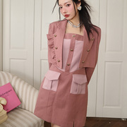 春季粉红色吊带连衣裙子中长款小西装外套两件套优雅两件套