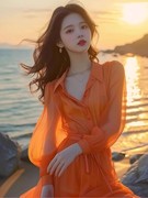 橘色雪纺衬衫连衣裙春装女2024年女高端精致法式绝美小裙海边