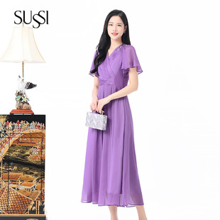 sussi古色23夏商场(夏商场)同款紫色雪纺，v领荷叶袖刺绣网纱高腰连衣裙女