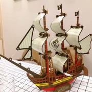 木质立体拼图3d模型拼装木头船，古风积木制木板手工儿童海盗船玩具