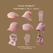 女生粉色帽子合集秋冬保暖围巾，手套粉红色甜妹贝雷帽，水桶帽针织帽
