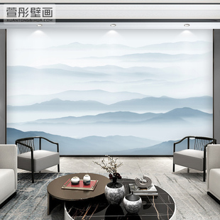 新中式意境水墨山水壁画客厅电视，背景墙壁纸蓝色，抽象卧室大气墙布