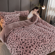 新床上用品四件套高端大气珊瑚绒水晶绒牛奶绒法莱绒豹纹高级床笠
