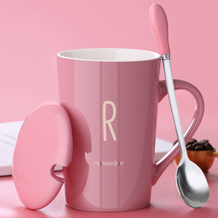 创意个性陶瓷马克杯带盖勺喝水杯子潮流情侣，男女家用牛奶咖啡茶杯