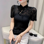 中国风黑色短袖蕾丝衫女2024夏季设计感复古盘扣上衣洋气雷丝小衫