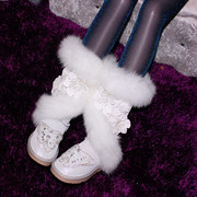 妖狐族原创设计2019冬季雪地，靴闪光牛皮高筒狐狸毛花朵(毛花朵)长靴