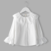 女童长袖白衬衫春秋季儿童女，宝纯棉喇叭袖，翻领刺绣衬衣娃娃衫
