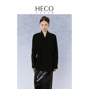 HECO掩面扇新中式国风纯色衬衫女2024春夏飞机袖汉服外套