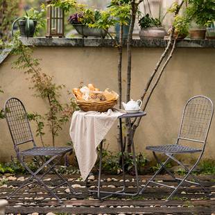 美式乡村户外铁艺折叠桌椅，三件套组合花园庭院阳台，休闲复古咖啡桌