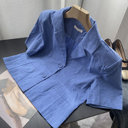 韩版蓝色西装领通勤风衬衫两粒扣短袖开衫上衣时尚休闲洋气c￥30c