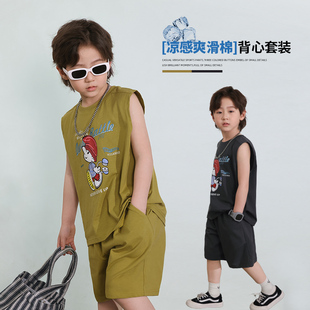 陈大猪男童夏装套装2024儿童运动服卡通印花童装背心两件套