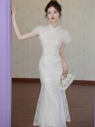 伴娘装新中式国风改良刺绣旗袍鱼尾领证订婚白色连衣裙宴会礼服