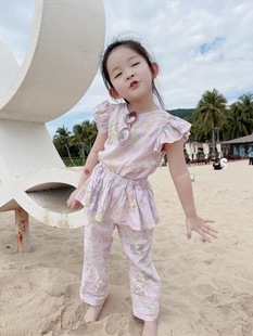 22夏季 女童儿童紫色印花飞袖短袖上衣+裙摆式防蚊长裤 套装