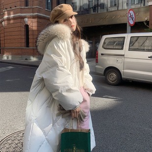 菱格羽绒棉服2023女冬季韩系中长款加厚白色奶fufu面包服外套