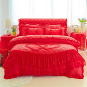 高档婚庆大红色公主风床单四件套，加厚夹棉床裙蕾丝，花边床罩被套4