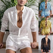 Men's fashion suit镂空长袖衬衫休闲短裤时尚男士套装潮流两件套